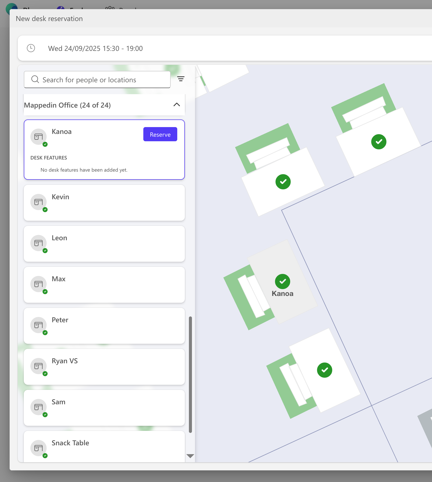 Screenshot of synced desks within Microsoft Places