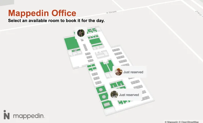 An indoor office map showing reserved rooms.