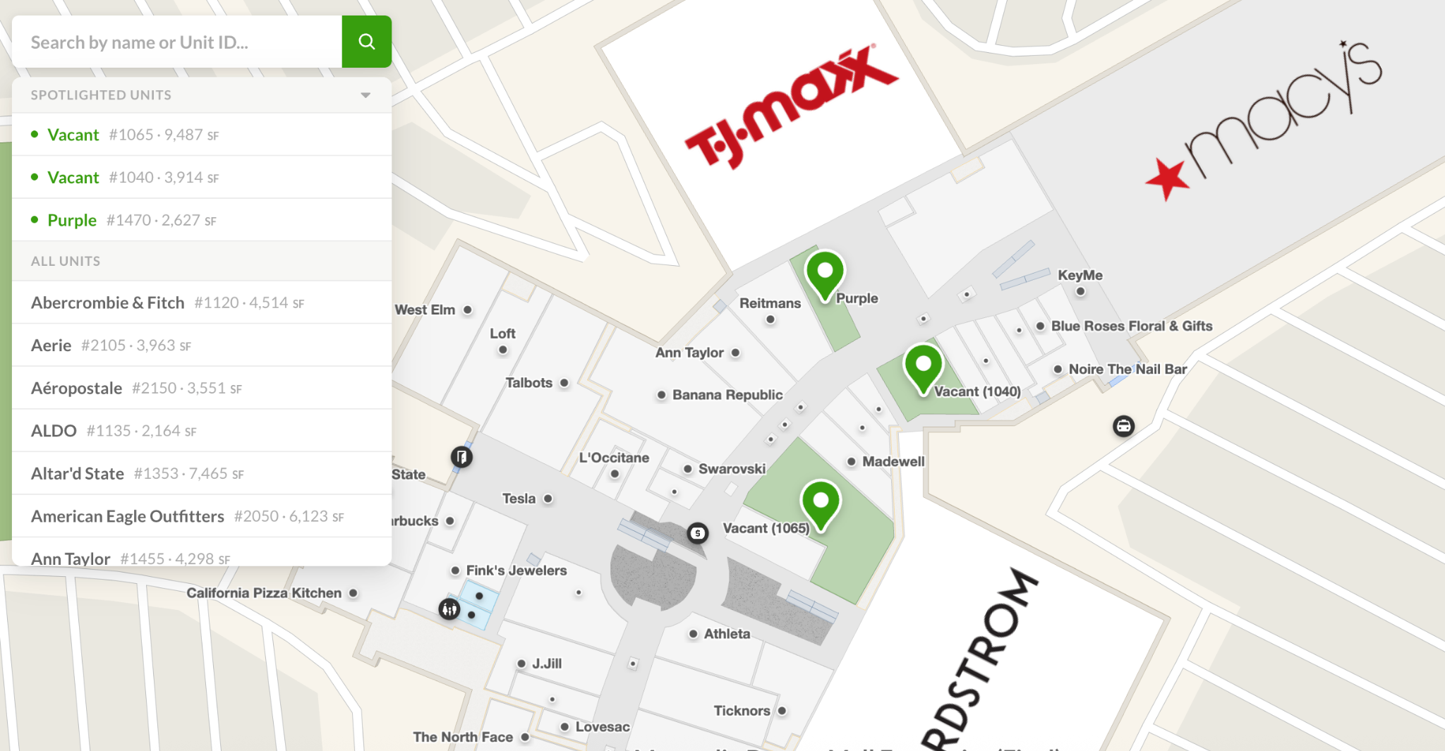 A public leasing map with a Spotlighted Units panel listing curated vacant units alongside the interactive map