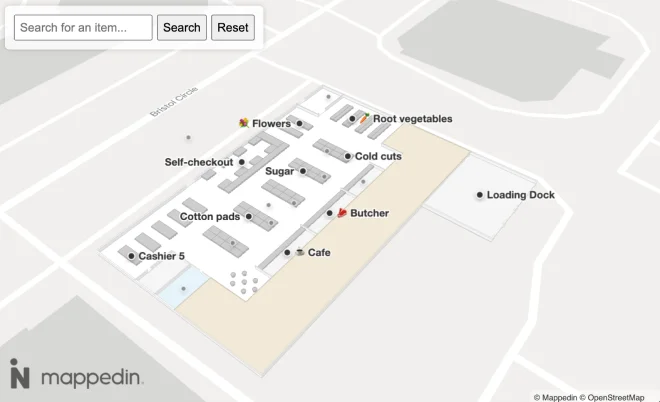 An indoor map of a retail store with the ability to search for items in the store.