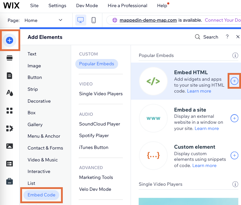 Add an Embed HTML element on Wix