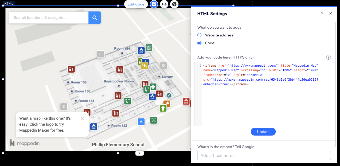 Wix embed code element with mappedin ebed code.