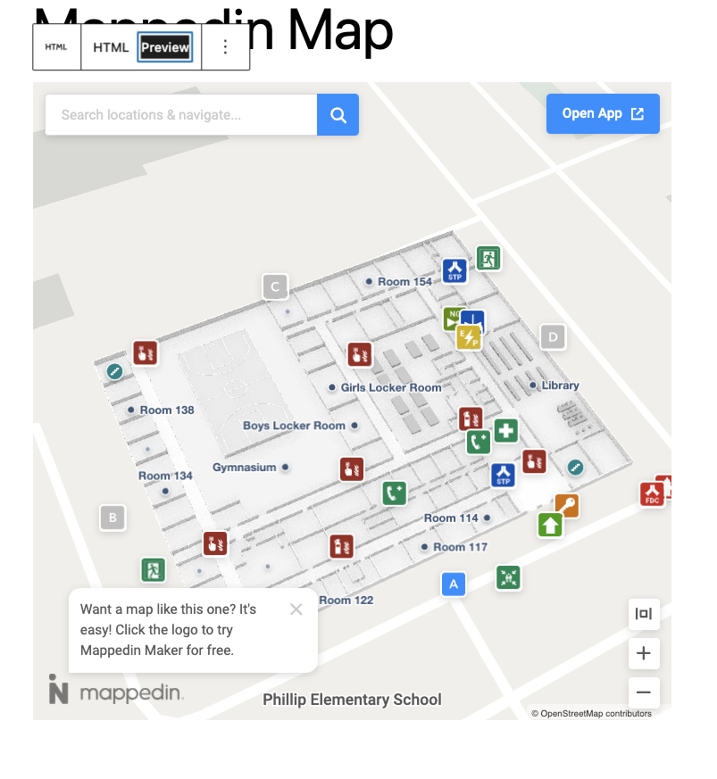 Wordpress HTML block with Mappedin map in preview mode