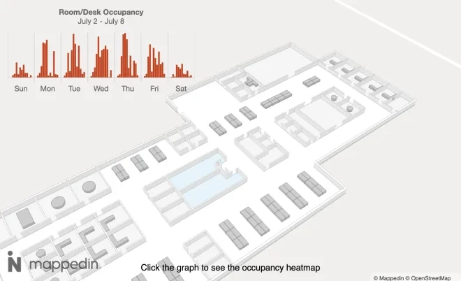 An indoor map showing office occupancy using a heatmap.